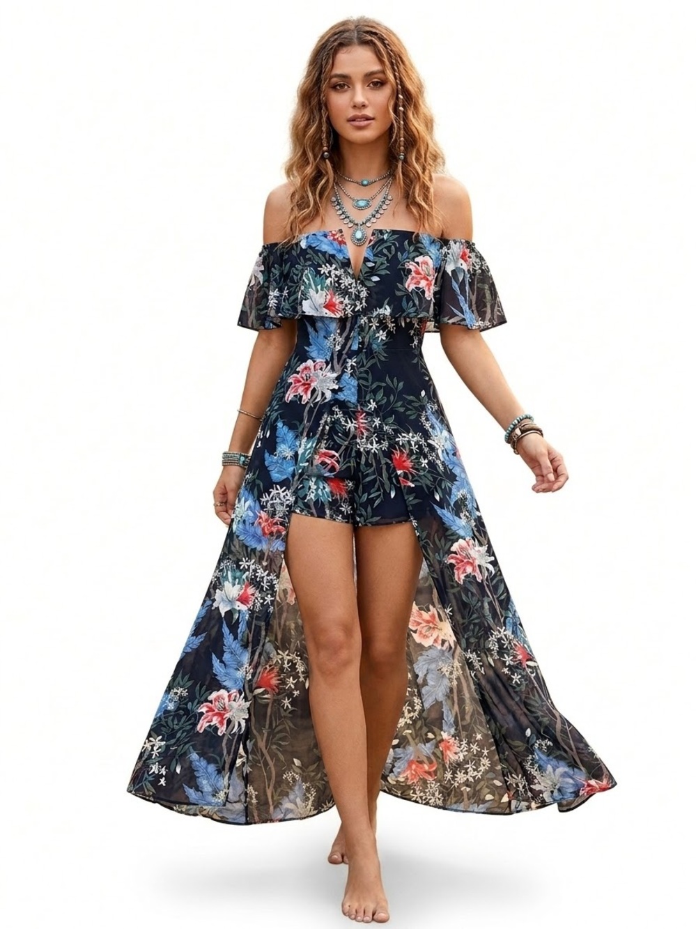 Floral Strapless Romper Maxi Dress Strapless Coastal Romantic Ruffle Feminine